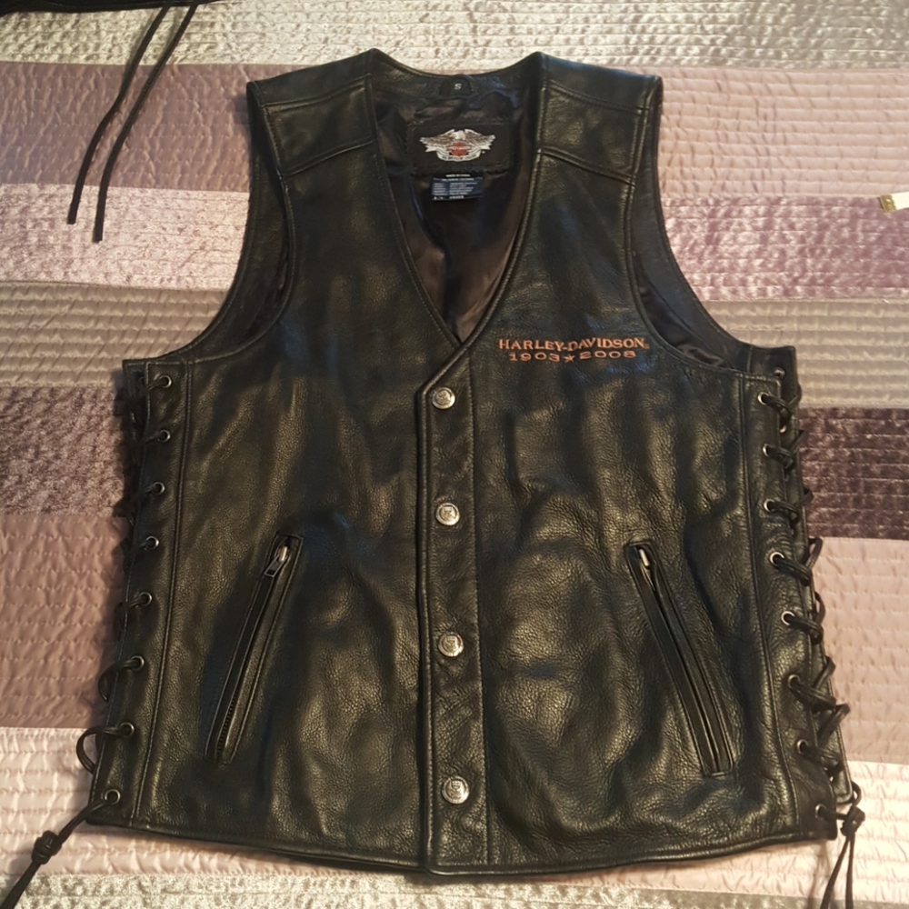 Harley-Davidson Black Leather Snap-Front Biker Vest with Side Lacing